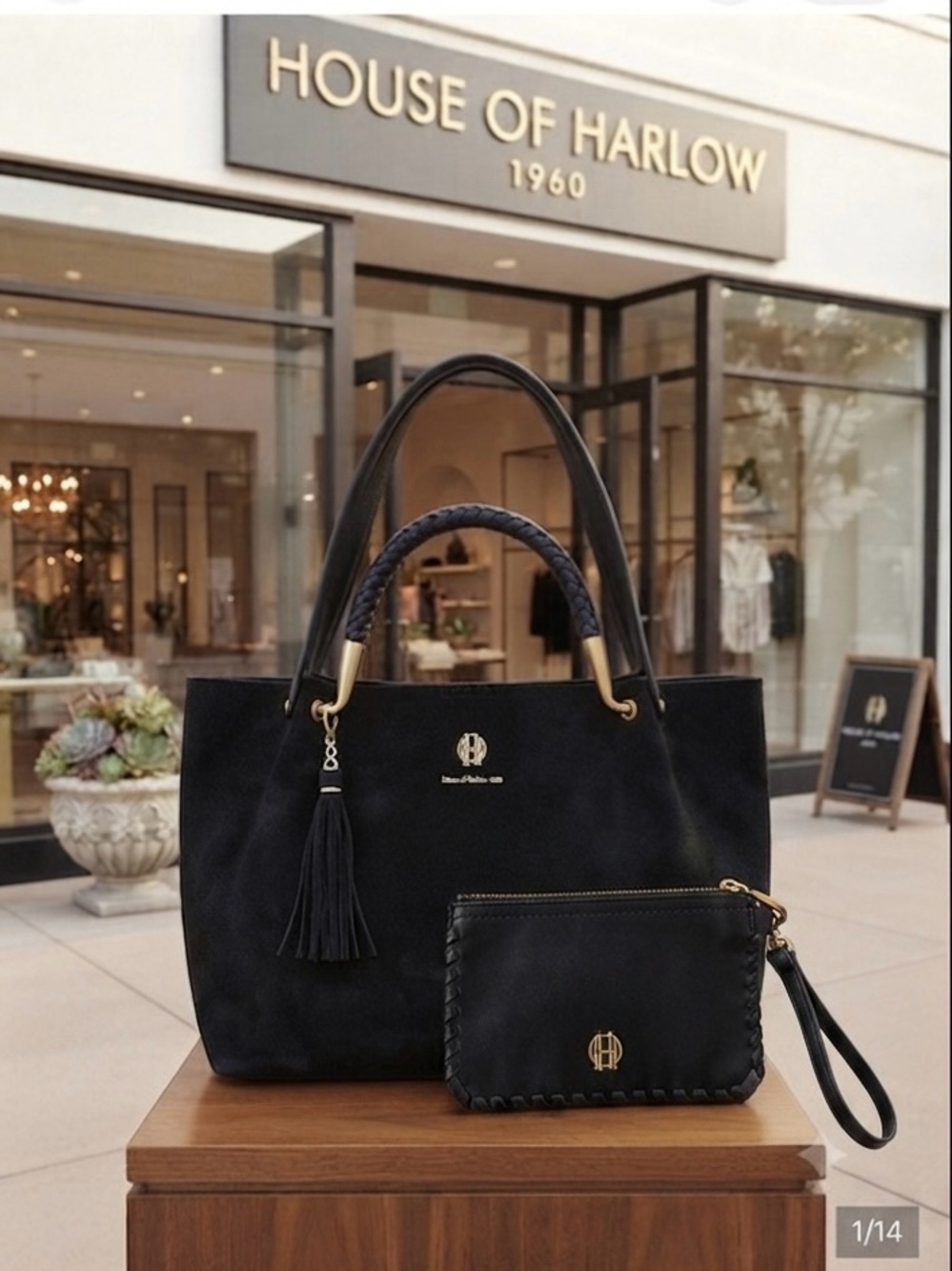 House of Harlow 1960 EUC
Black Suede satchel w/ Wristlet 
Braided handle, tassle